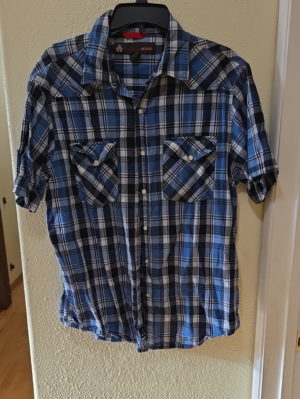 Americaware Blue and Black Plaid Short-Sleeve Button-Down Shirt